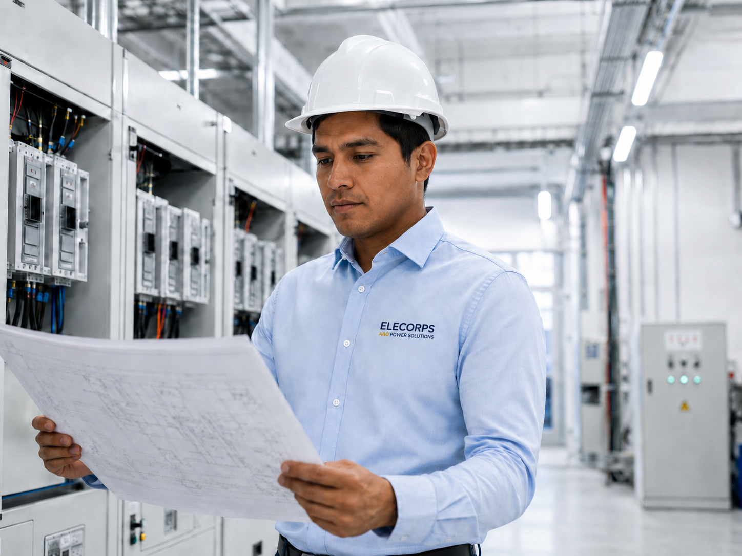 Ingeniero de ELECORPS revisando planos eléctricos en una instalación