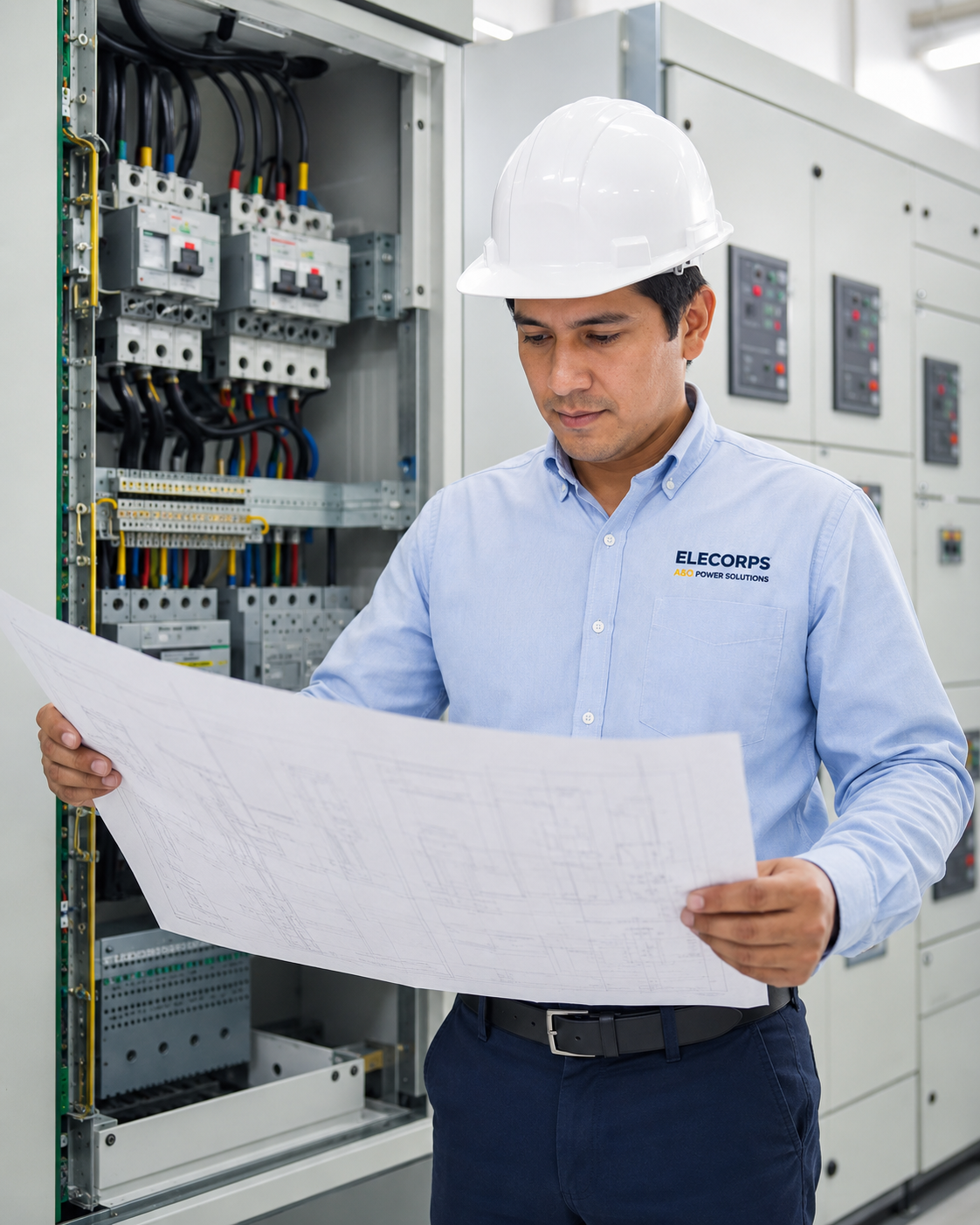 Ingeniero de ELECORPS revisando planos eléctricos en una instalación