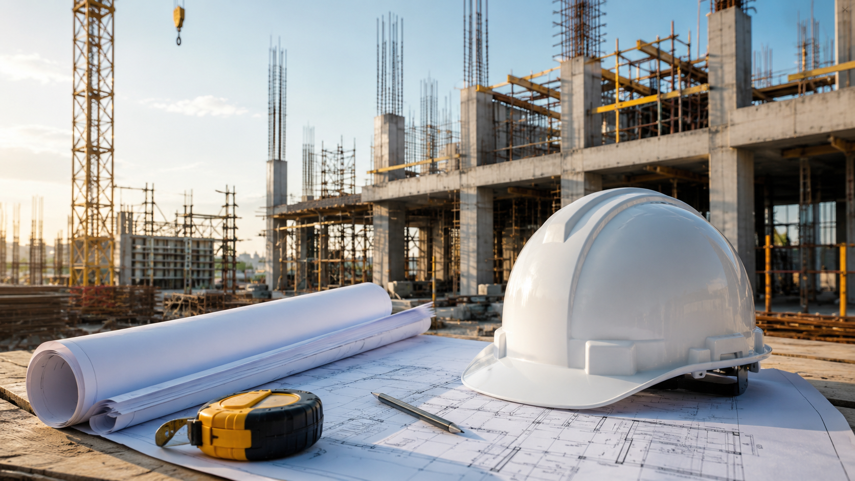 Proyecto de construcción con planos y casco