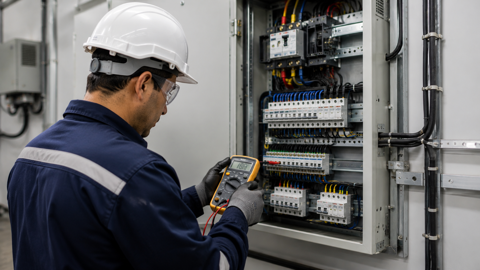 Técnico revisando un tablero eléctrico con instrumento de medición