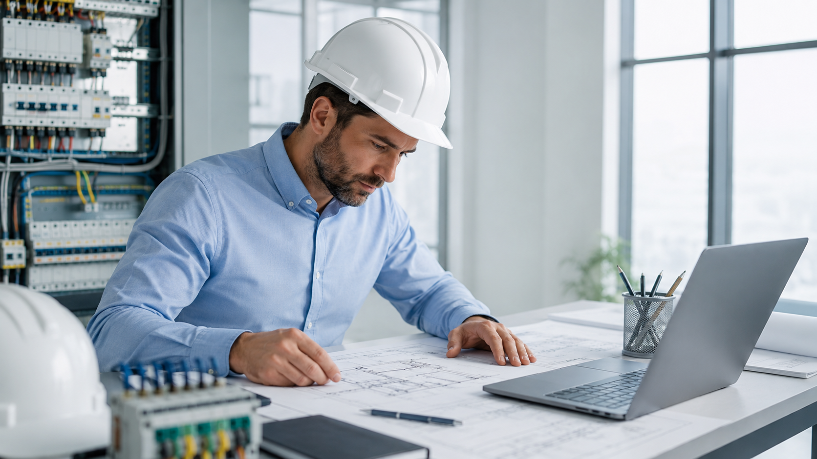 Ingeniero eléctrico revisando planos y proyecto