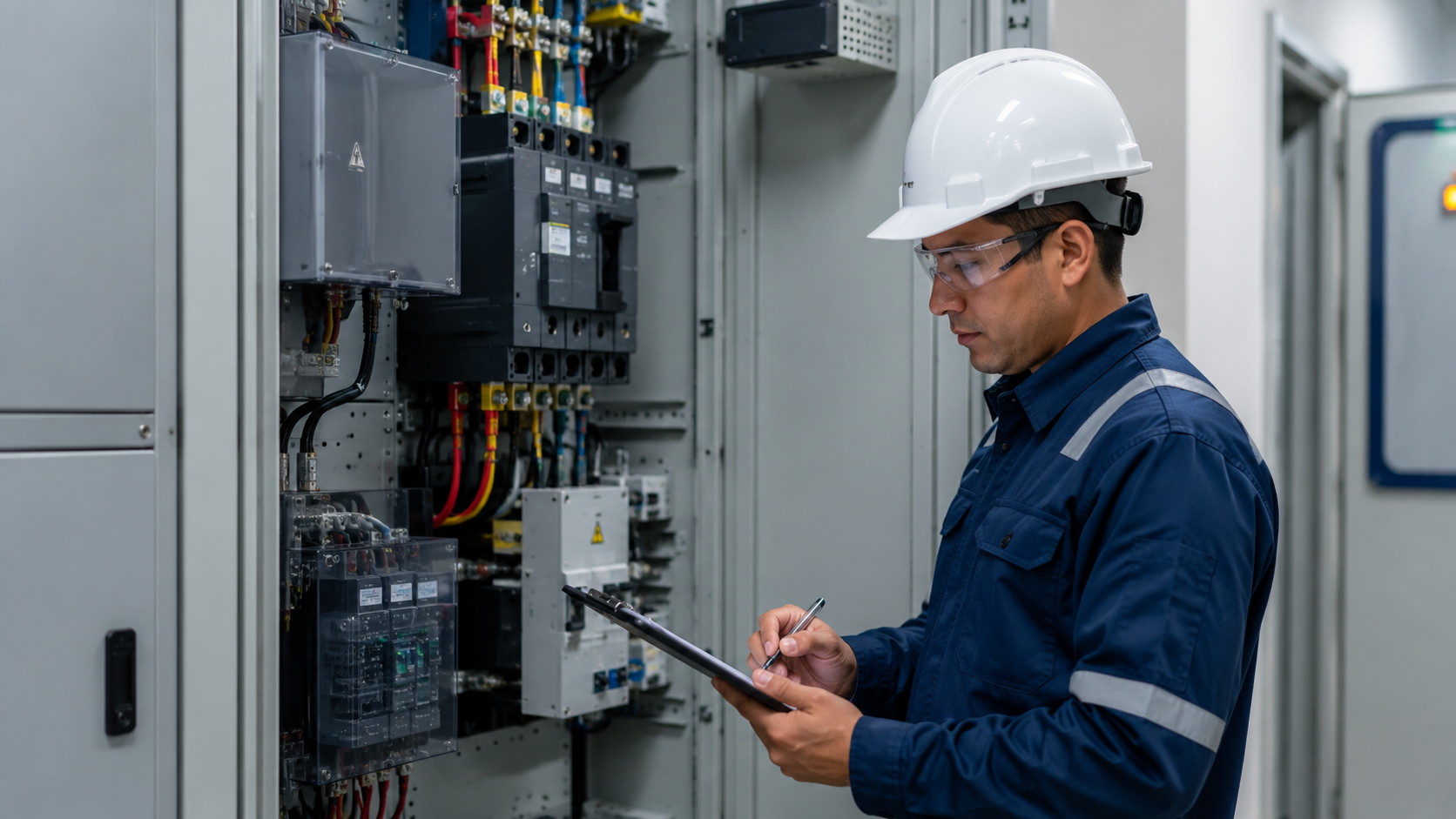Técnico eléctrico realizando auditoría en tablero