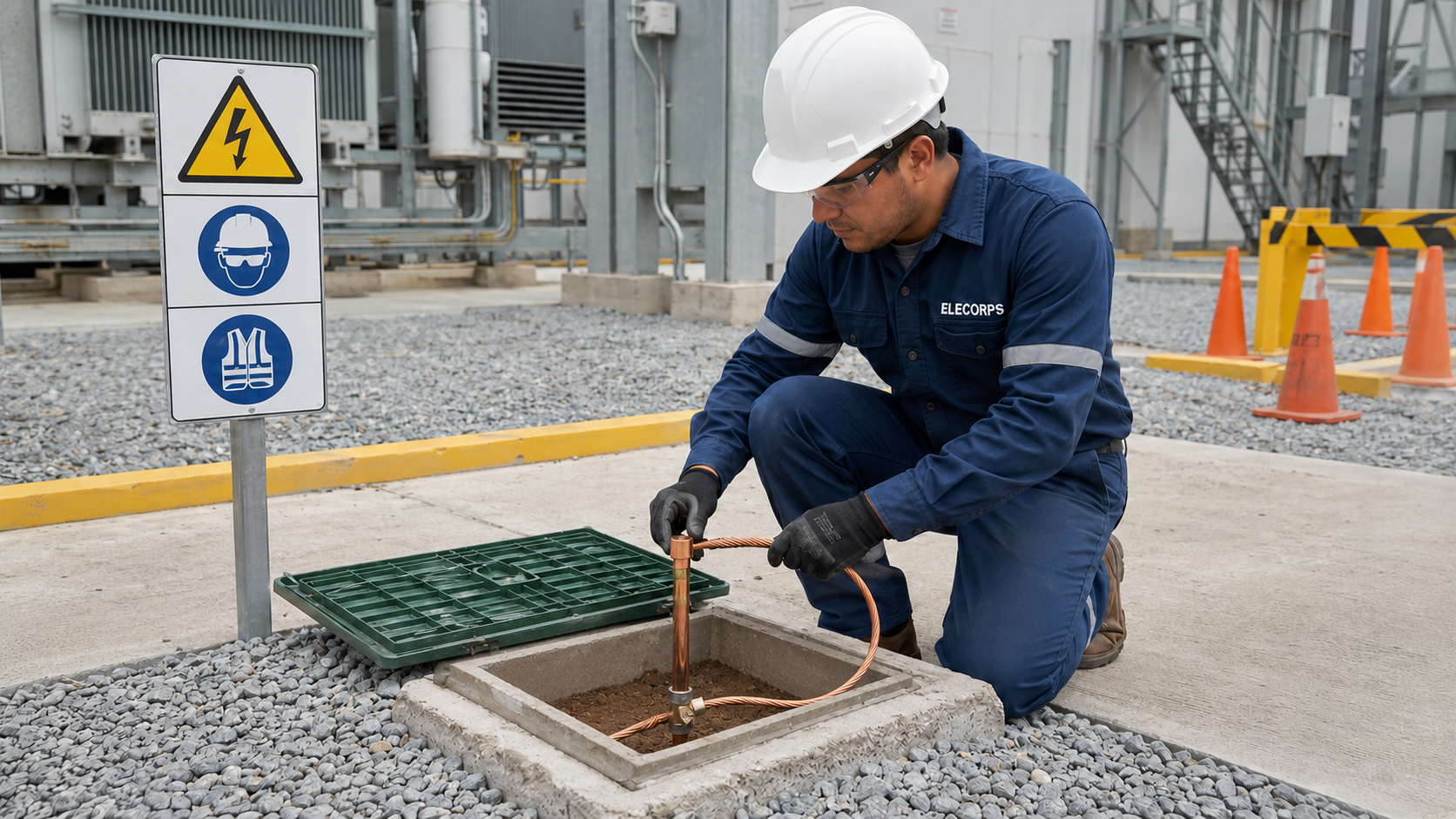 Técnico implementando sistema de puesta a tierra