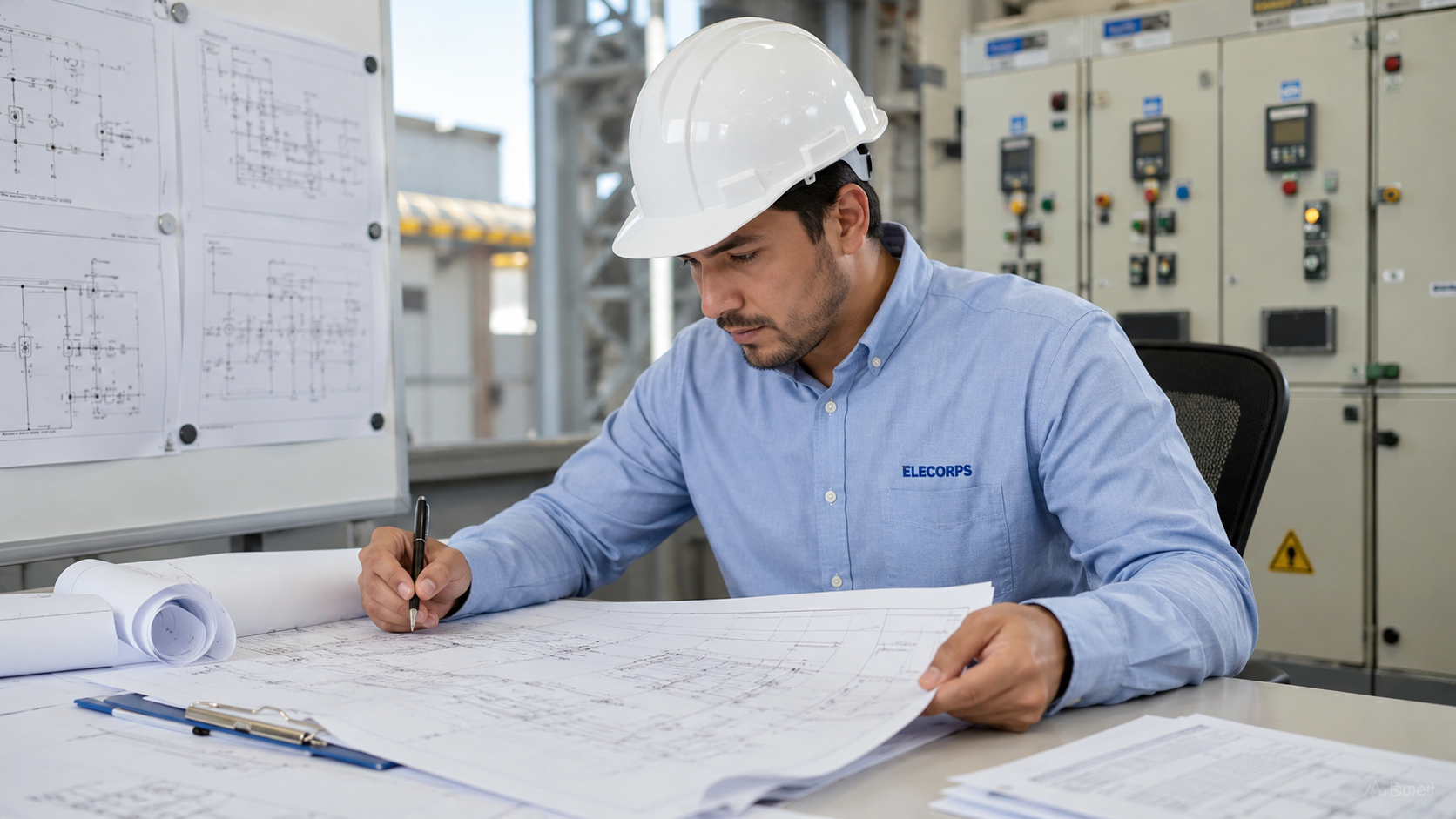 Ingeniero de ELECORPS desarrollando el diseño de un proyecto eléctrico en baja y media tensión