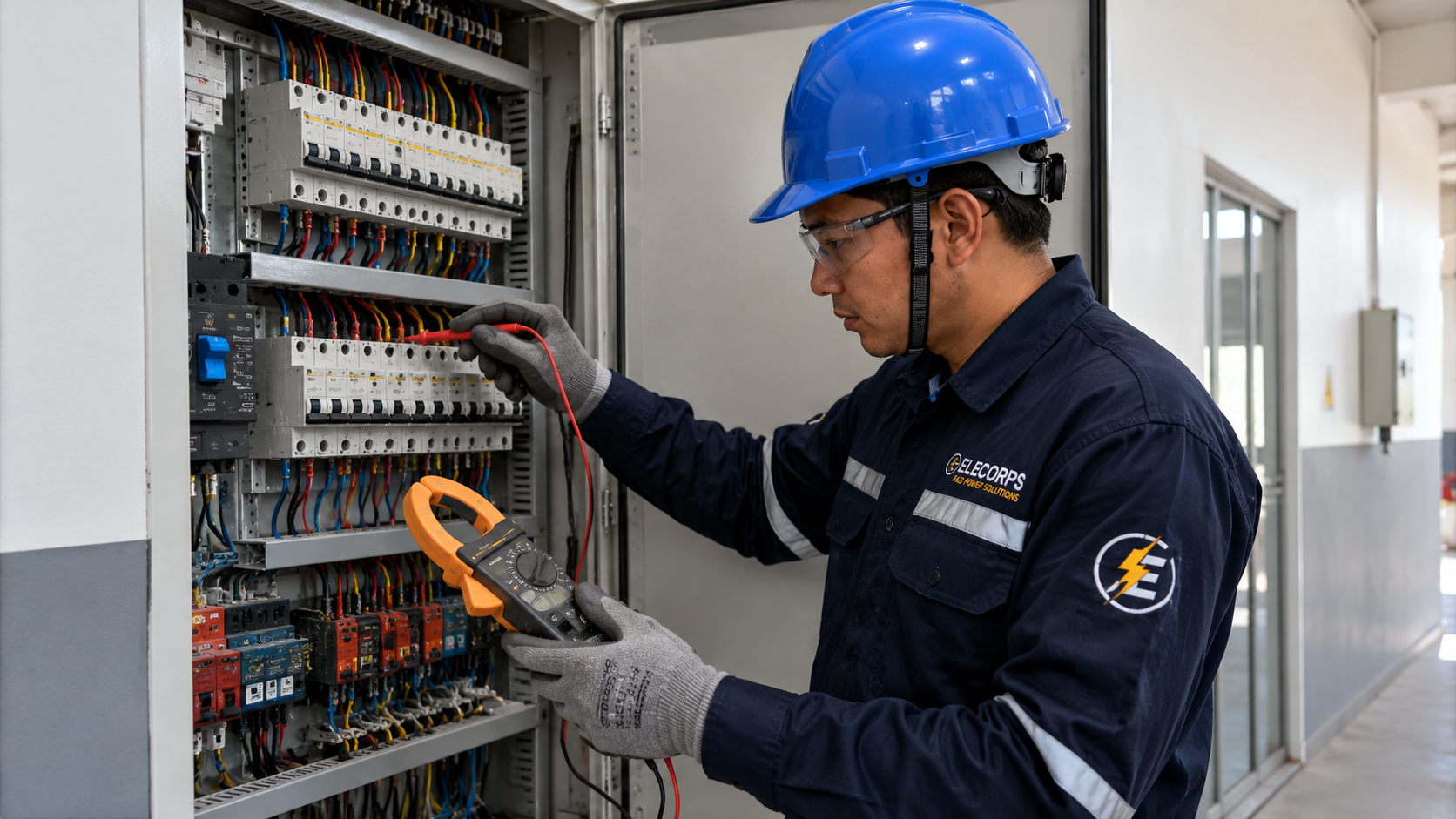Técnico realizando pruebas y puesta en marcha de una instalación eléctrica